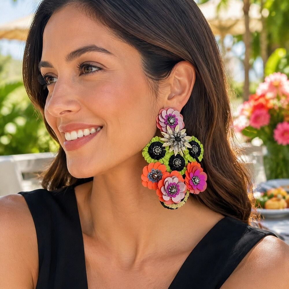 Floral Statement Earrings Multicolor Sequin Rhinestone Oversized Festival Boho